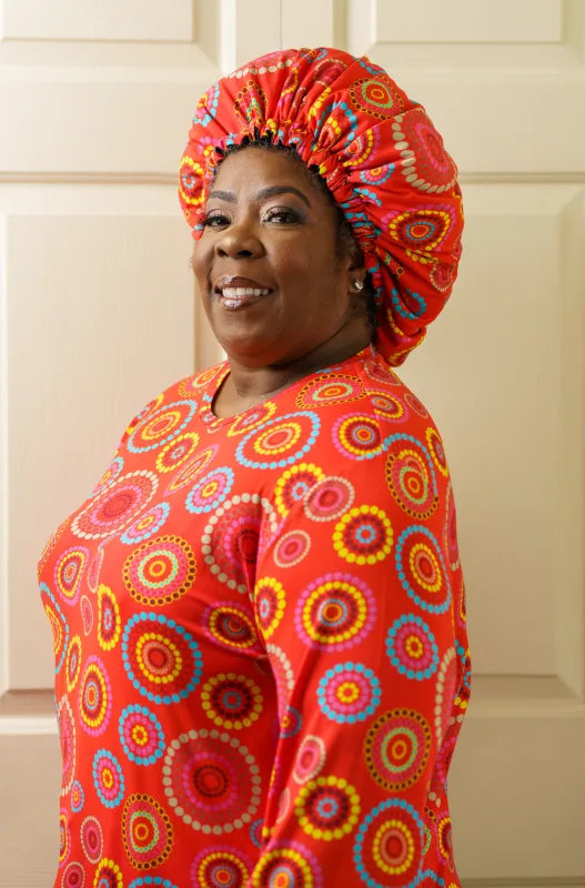 Orange Burst - Bamboo Long Sleeve Pajama Shorts Set With A Matching Satin-Lined Bonnet sold by Sleep Sassy