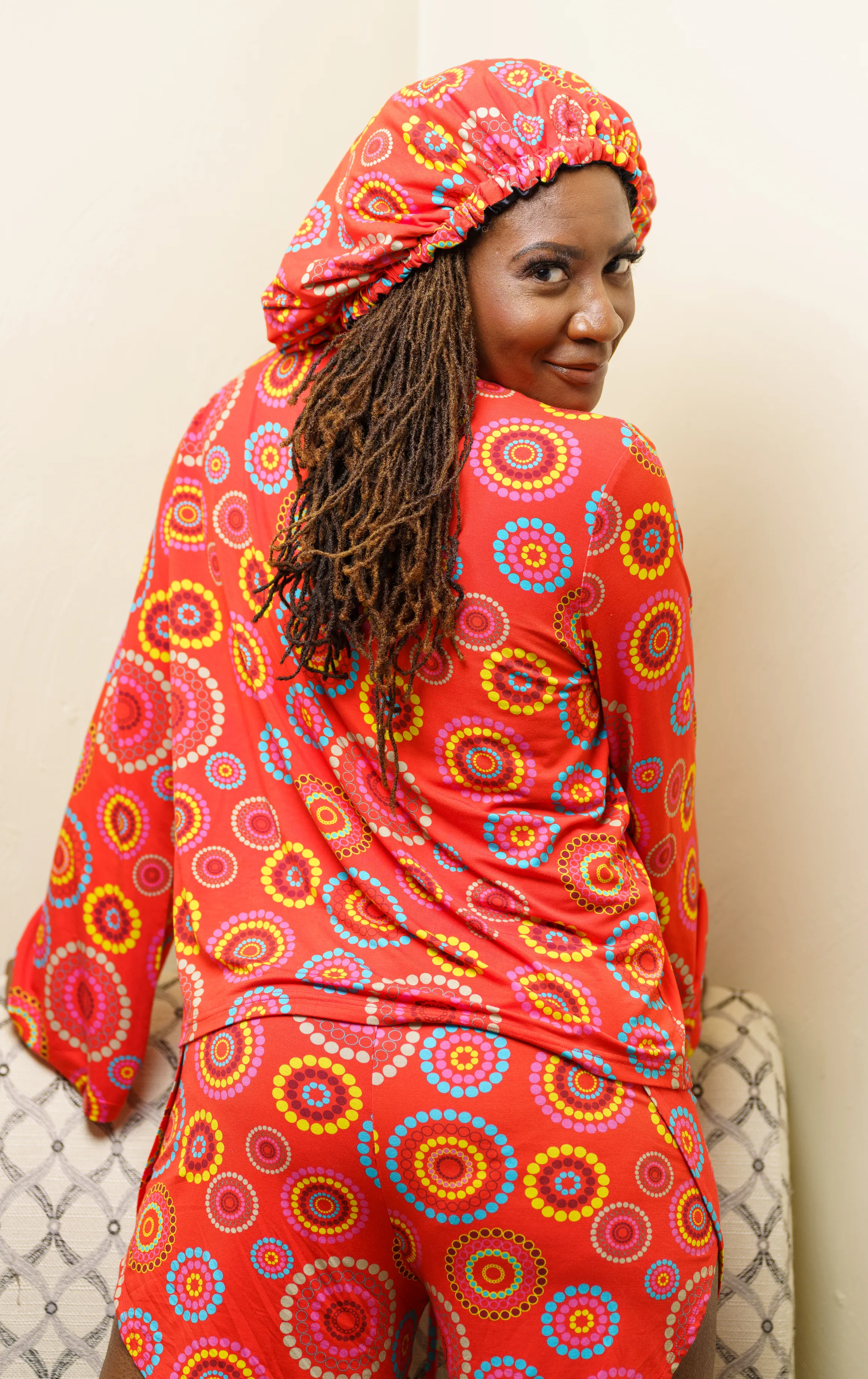 Orange Burst - Bamboo Long Sleeve Pajama Shorts Set With A Matching Satin-Lined Bonnet sold by Sleep Sassy product image thumbnail 4
