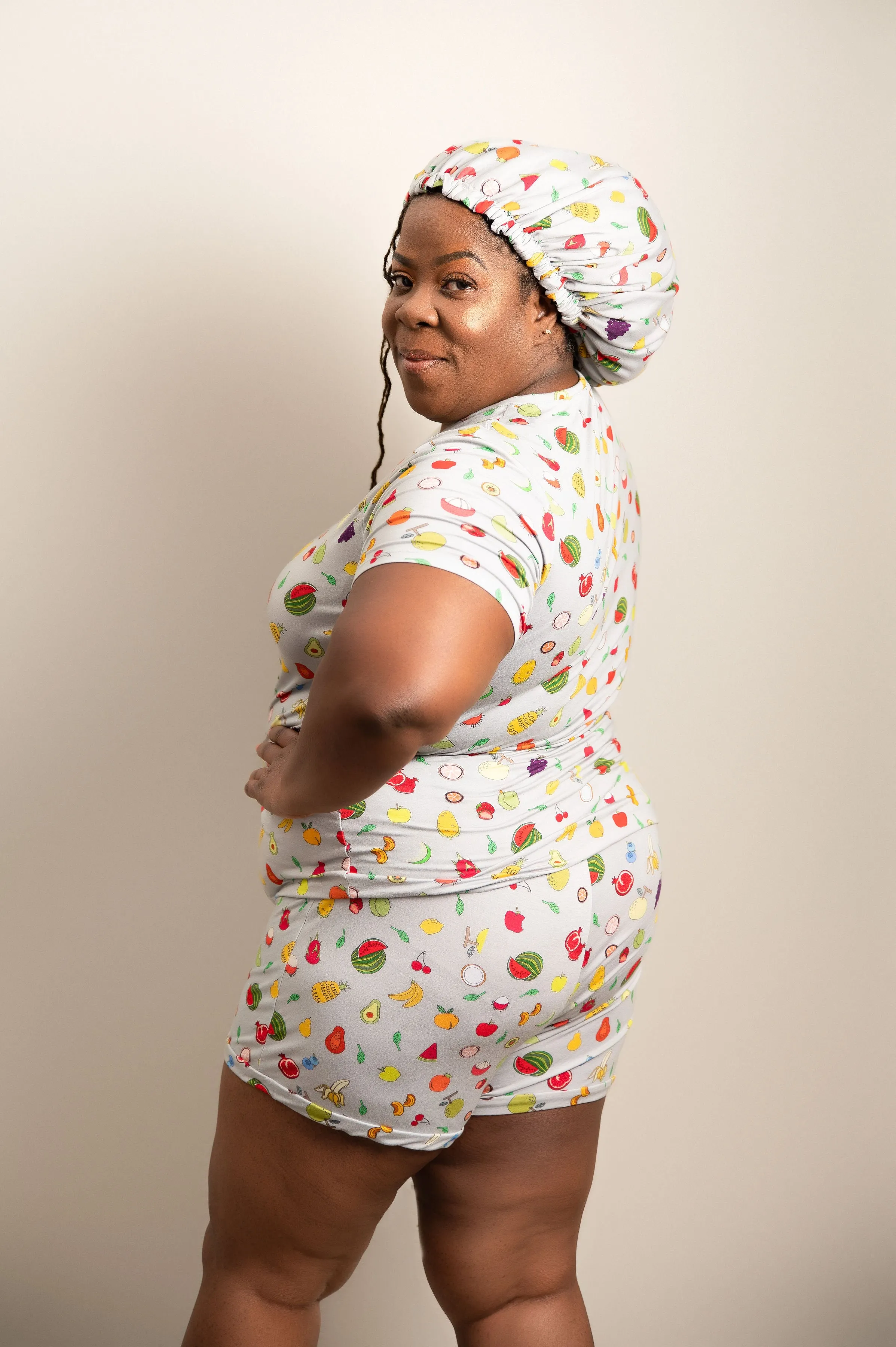 Fruity Tootie - Bamboo Pajama Shorts Set, With A Matching Satin-Lined Bonnet sold by Sleep Sassy