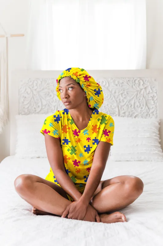 Puzzle Pieces - Bamboo Short Sleeve Pajama Shorts Set, With A Matching Satin-Lined Bonnet sold by Sleep Sassy