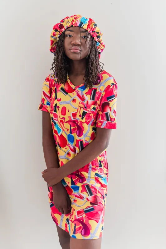 Nail Polish - Bamboo Short Sleeve Nightgown Set, With A Matching Satin-Lined Bonnet sold by Sleep Sassy