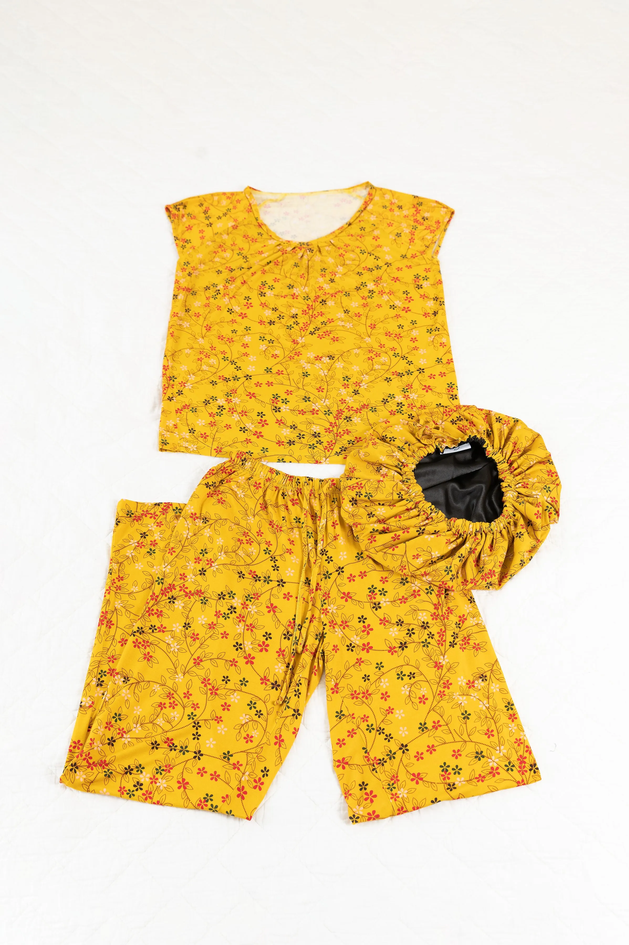 Yellow Floral - Bamboo Pajama Pants Set, With A Matching Satin-Lined Bonnet sold by Sleep Sassy product image thumbnail 5