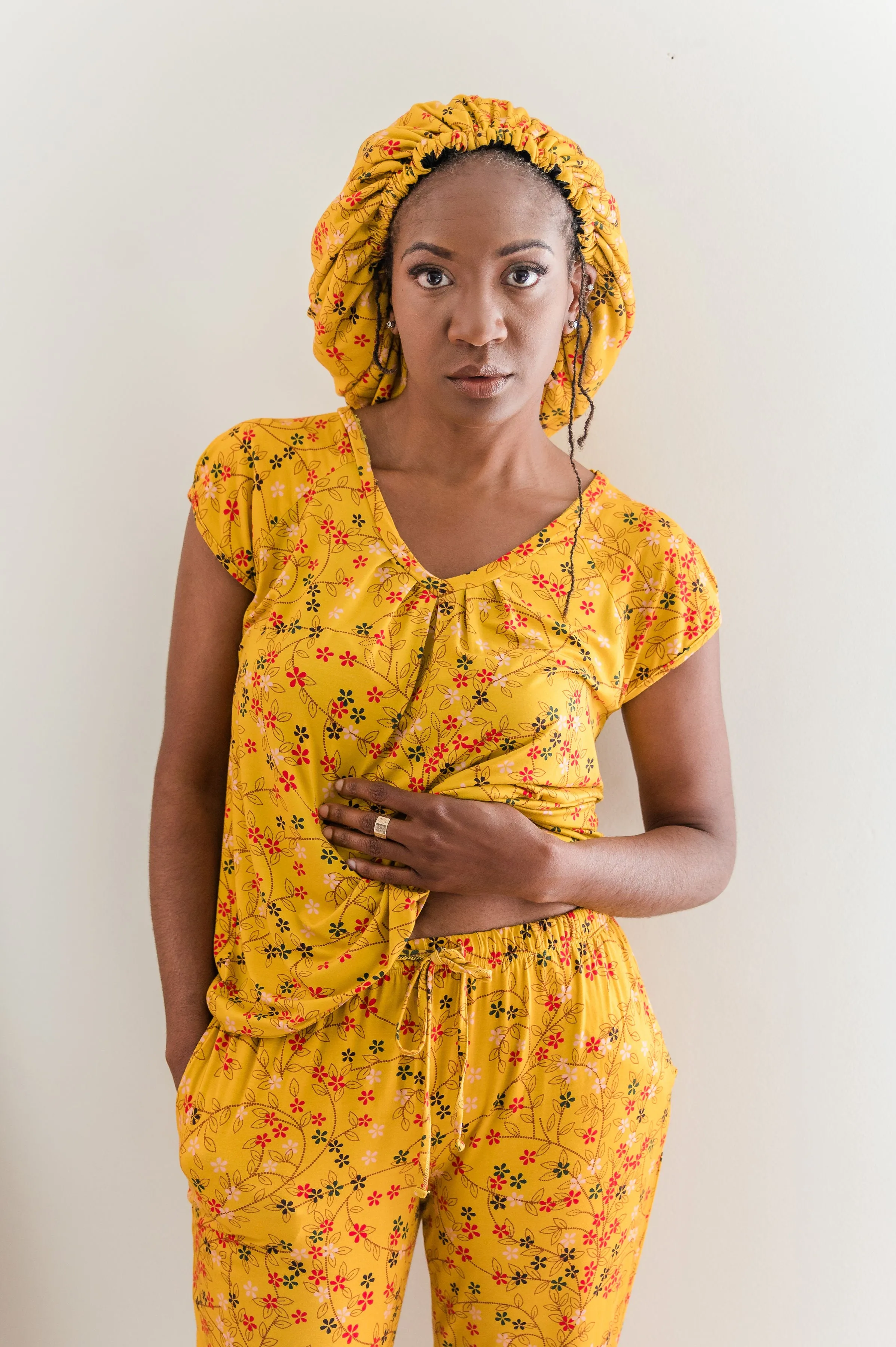 Yellow Floral - Bamboo Pajama Pants Set, With A Matching Satin-Lined Bonnet sold by Sleep Sassy product image thumbnail 2