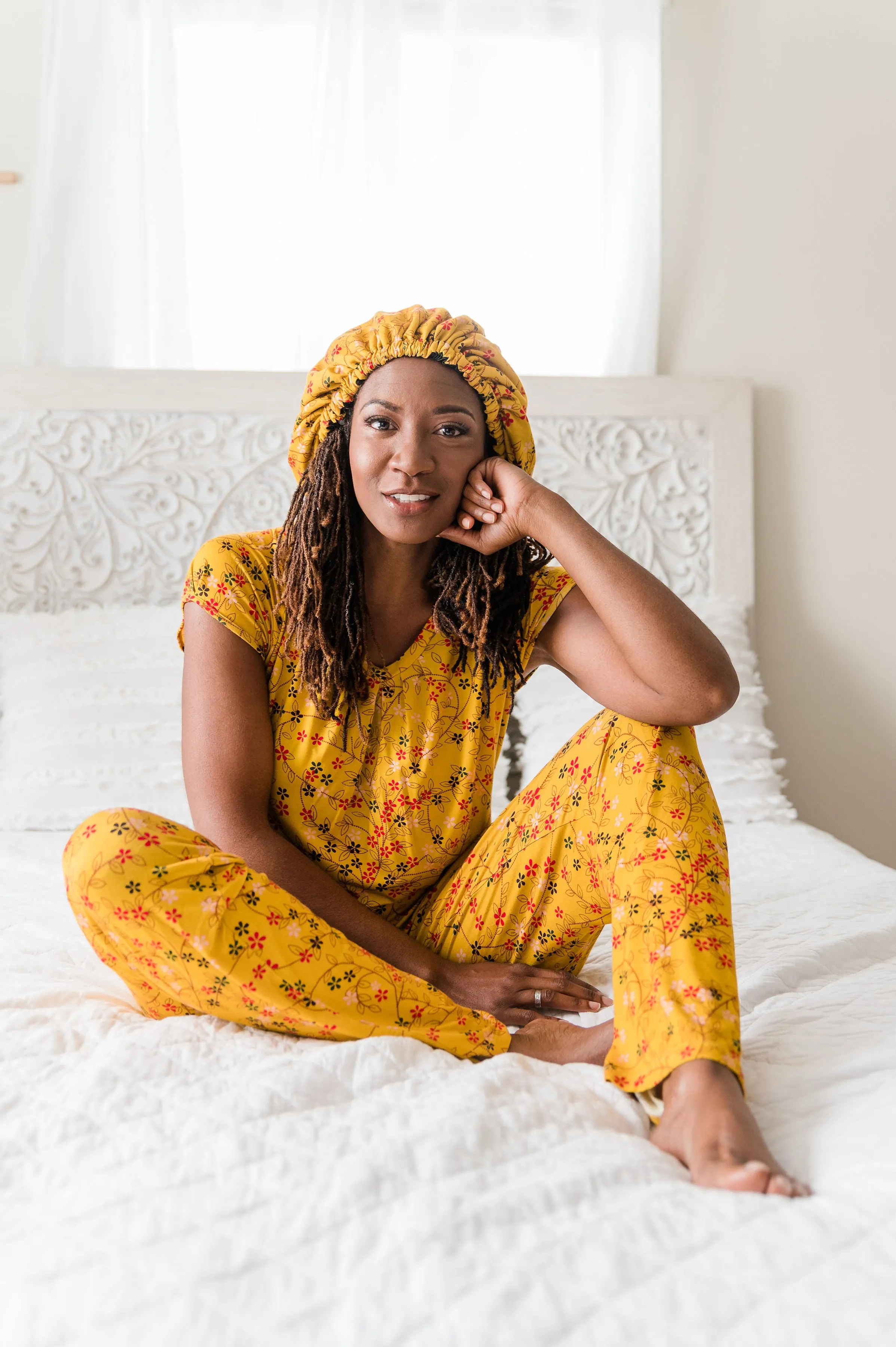 Yellow Floral - Bamboo Pajama Pants Set, With A Matching Satin-Lined Bonnet sold by Sleep Sassy