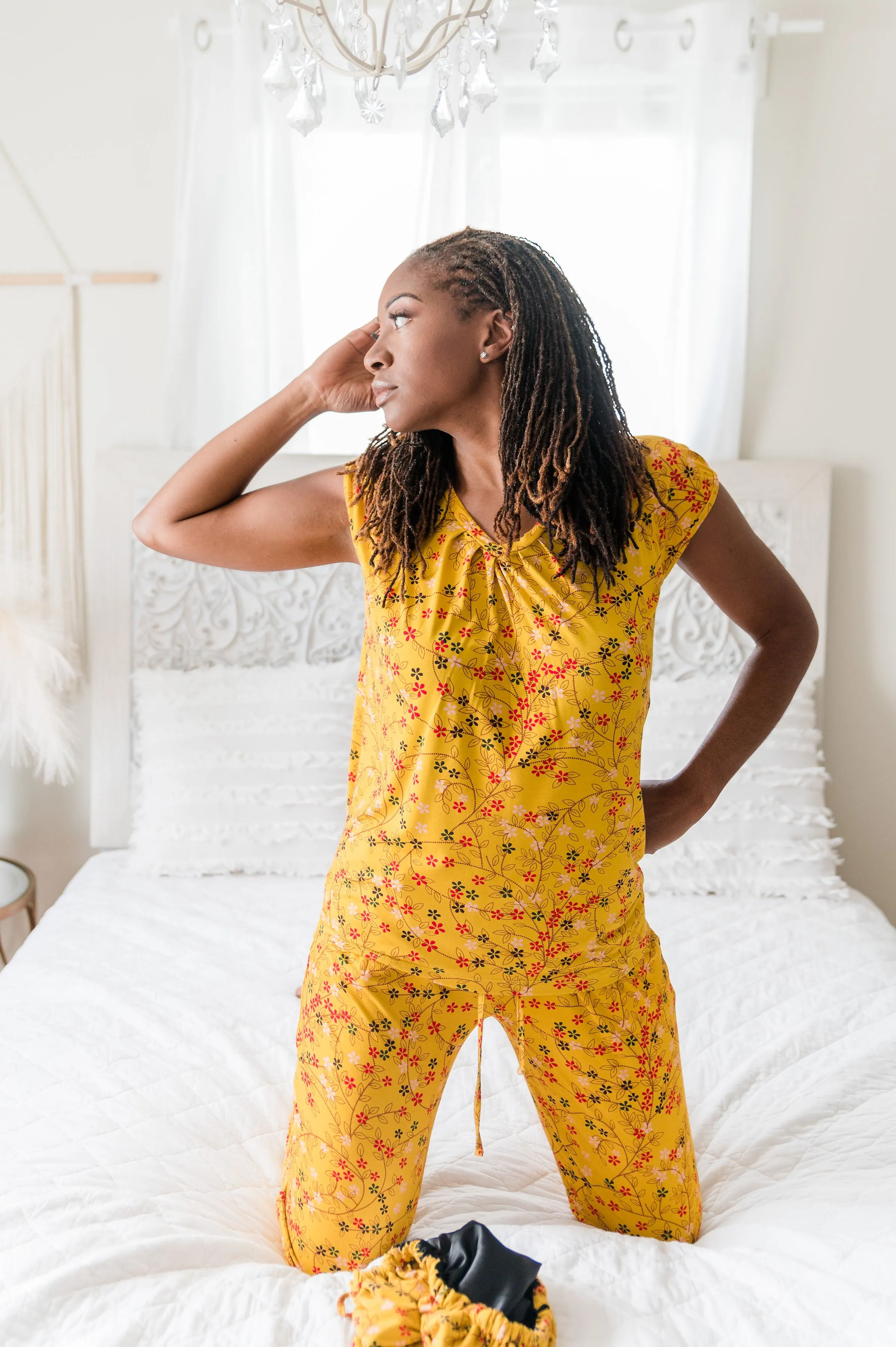 Yellow Floral - Bamboo Pajama Pants Set, With A Matching Satin-Lined Bonnet sold by Sleep Sassy product image thumbnail 4