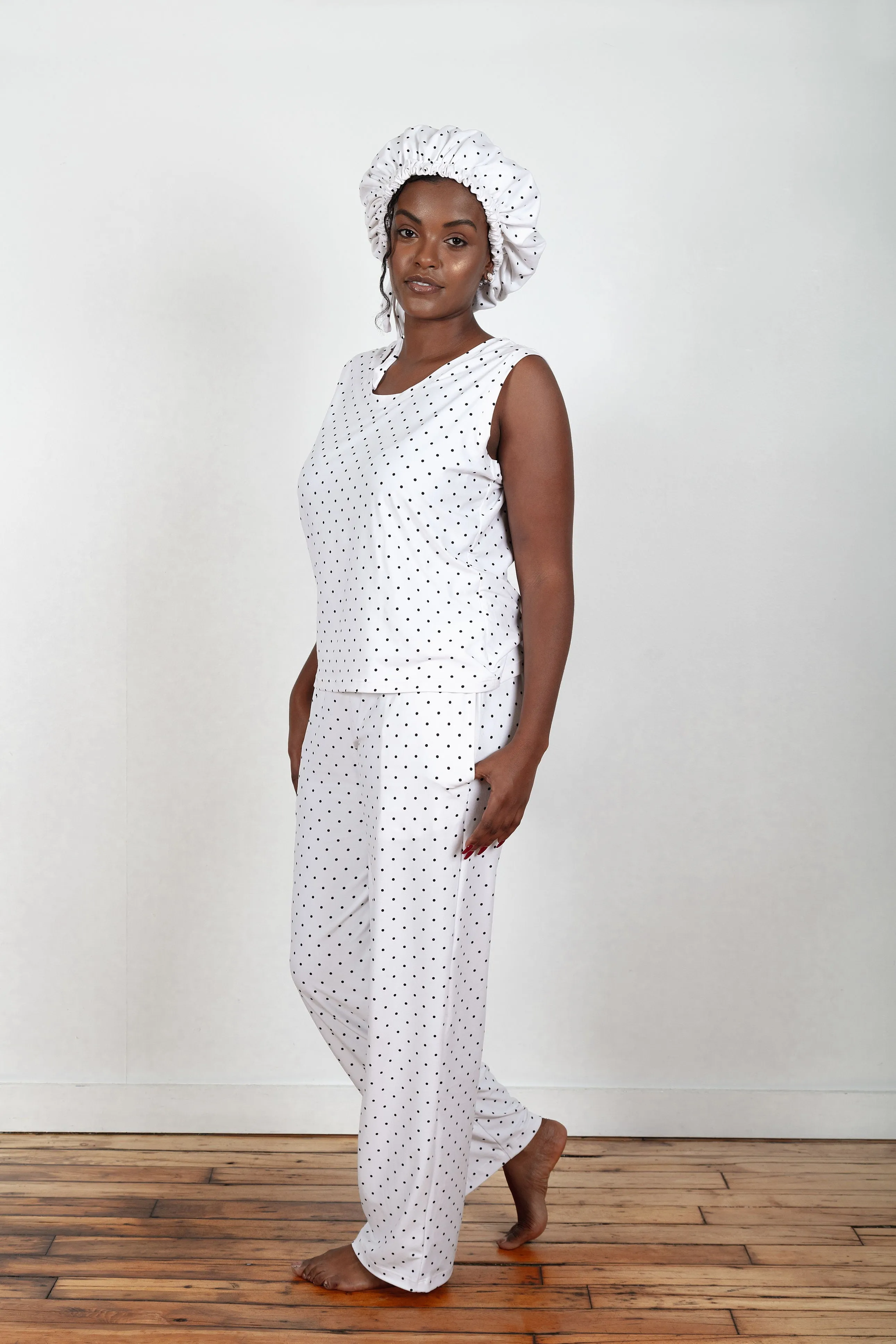 White & Black Polka Dot -Bamboo Tank Top Long Pajama Pants Set, With A Matching Satin-Lined Bonnet sold by Sleep Sassy product image thumbnail 3
