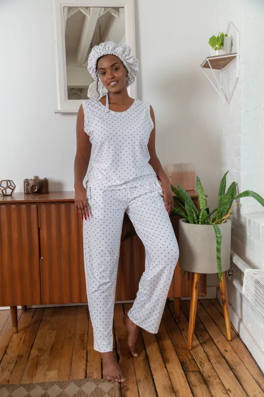 White & Black Polka Dot -Bamboo Tank Top Long Pajama Pants Set, With A Matching Satin-Lined Bonnet sold by Sleep Sassy