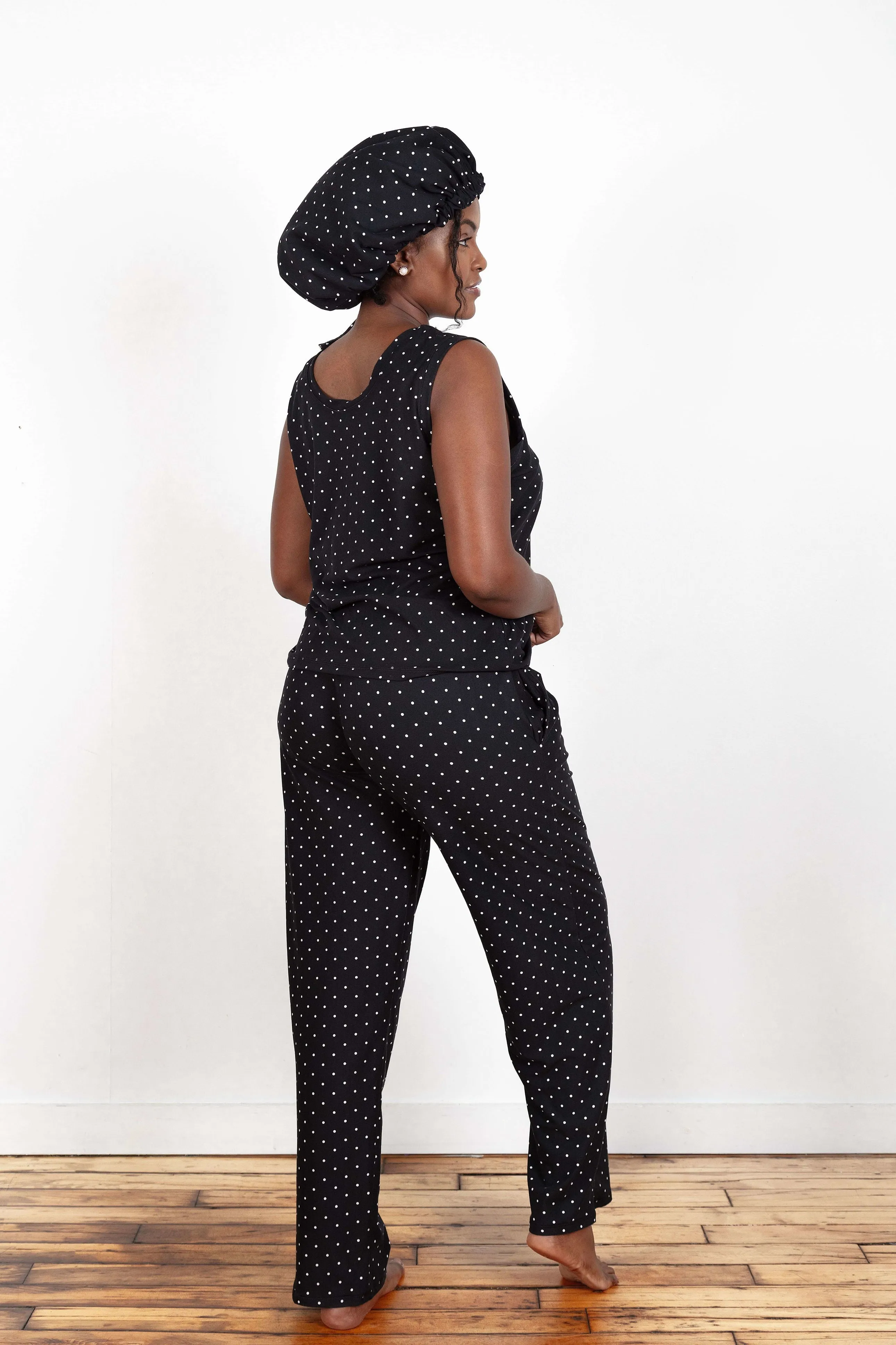 Black & White Polka Dot - Bamboo Tank Top, Pajama Pants Set, With A Matching Satin-Lined Bonnet sold by Sleep Sassy product image thumbnail 2