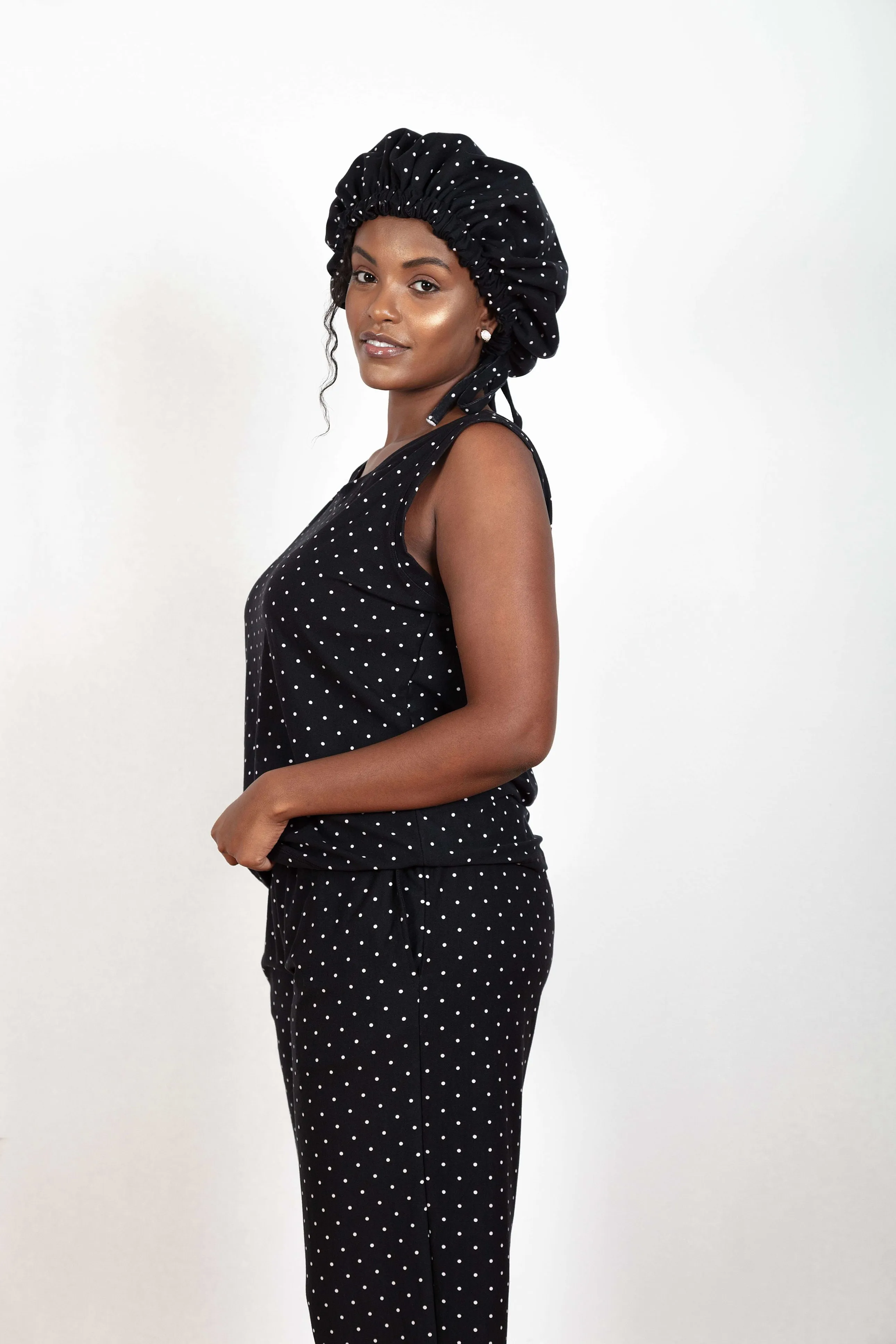 Black & White Polka Dot - Bamboo Tank Top, Pajama Pants Set, With A Matching Satin-Lined Bonnet sold by Sleep Sassy