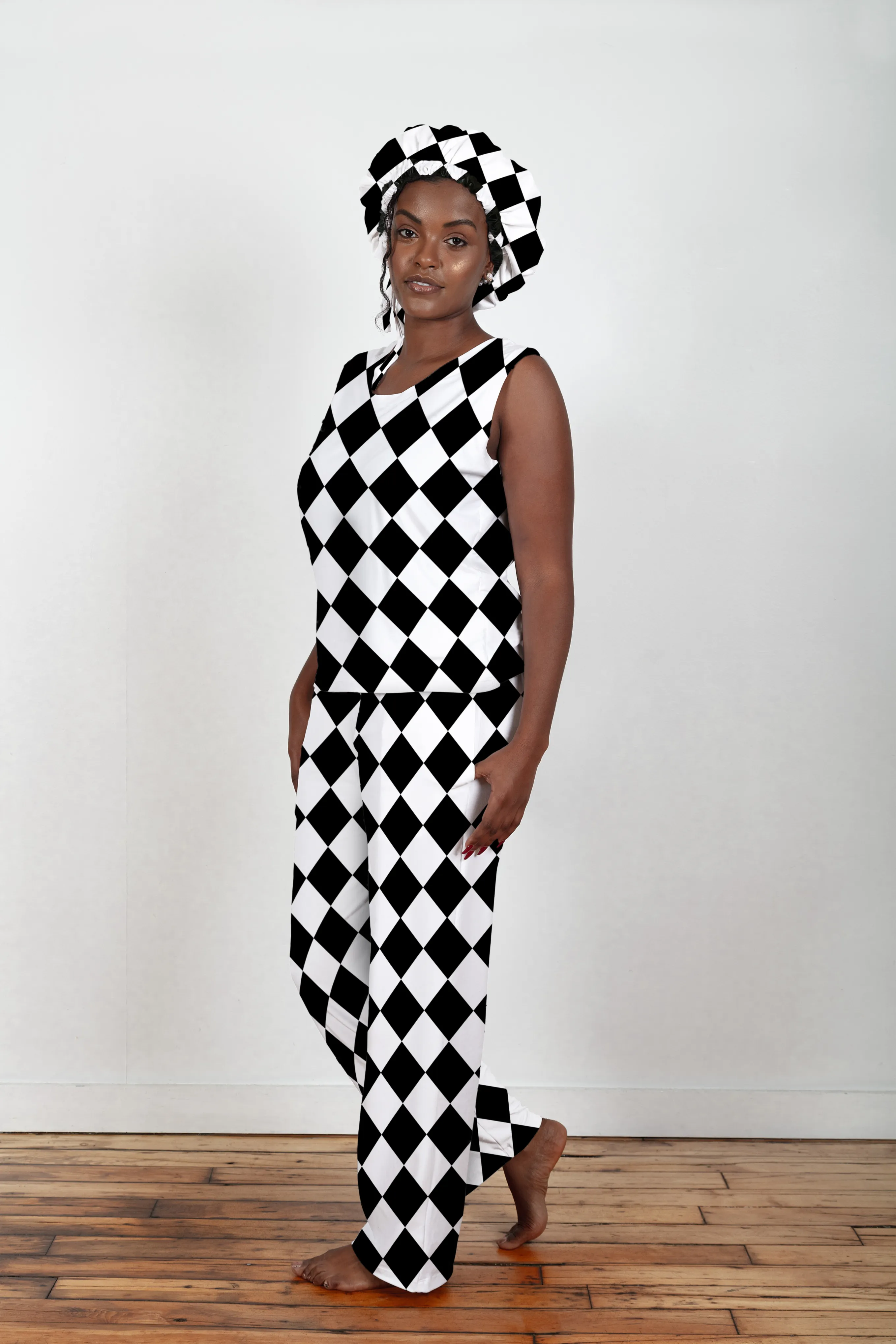 Black & White Diamonds - Bamboo Tank Top Pajama Pants Set, With A Matching Satin-Lined Bonnet sold by Sleep Sassy product image thumbnail 3