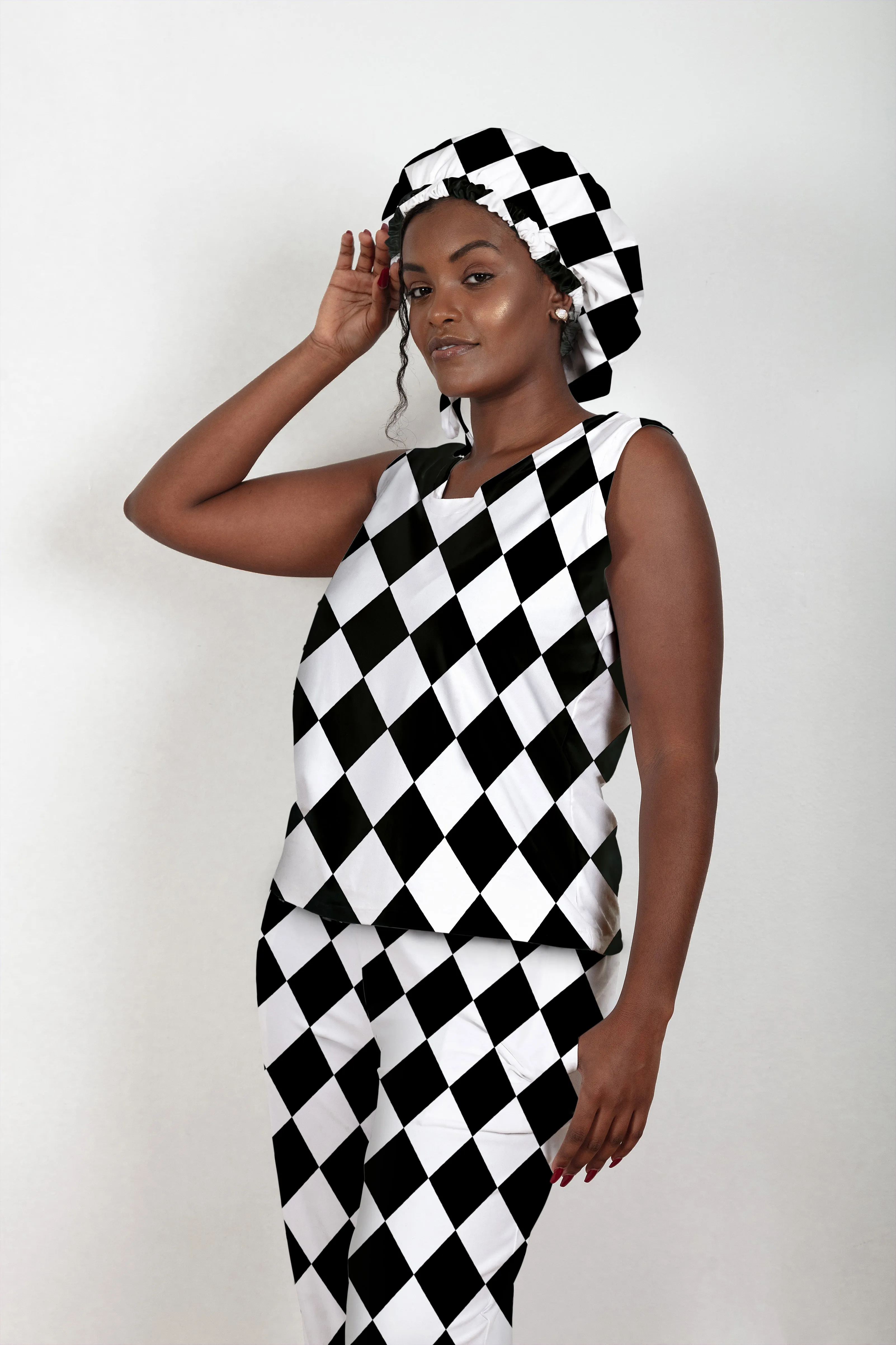 Black & White Diamonds - Bamboo Tank Top Pajama Pants Set, With A Matching Satin-Lined Bonnet sold by Sleep Sassy