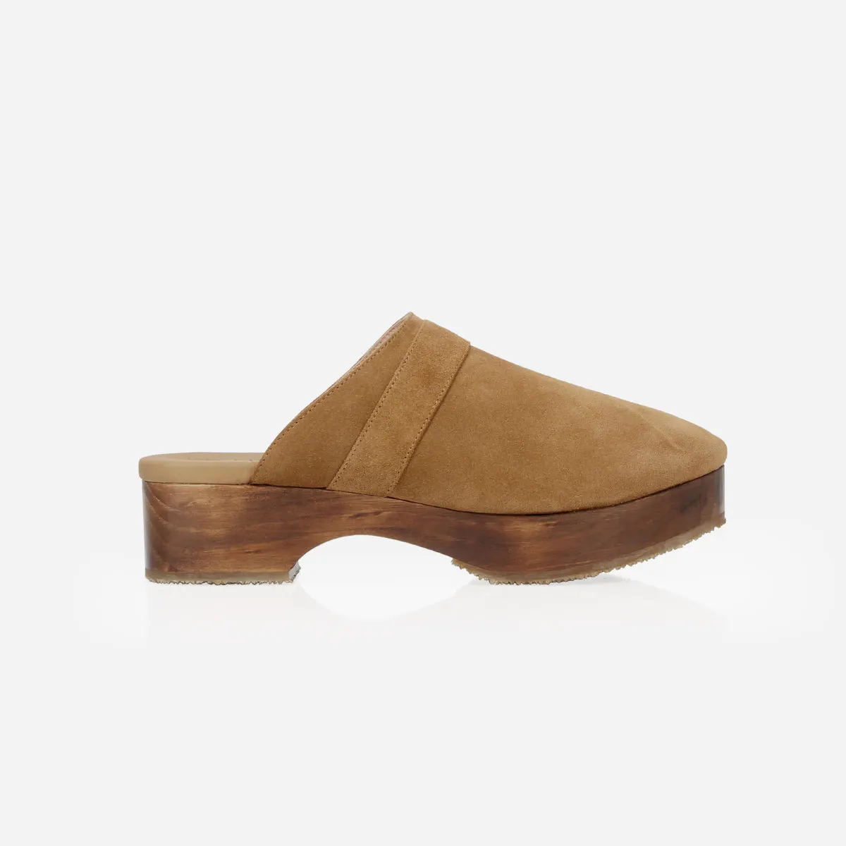 The Brooklyn Clog Sand Suede sold by Poppy Barley