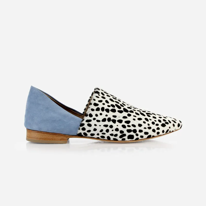 The Glove Fit Flat Faded Denim Nubuck and Spot Calf Hair sold by Poppy Barley