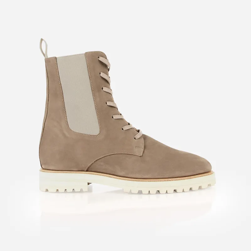 The Kit Combat Boot Taupe Water Resistant Nubuck sold by Poppy Barley