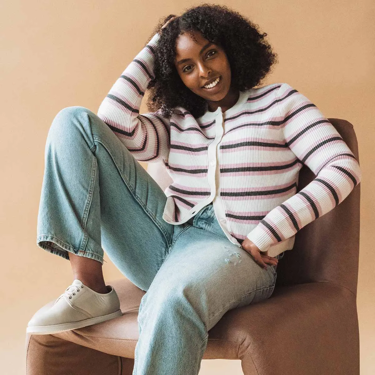 The Capsule Cardigan Ivory Multistripe sold by Poppy Barley