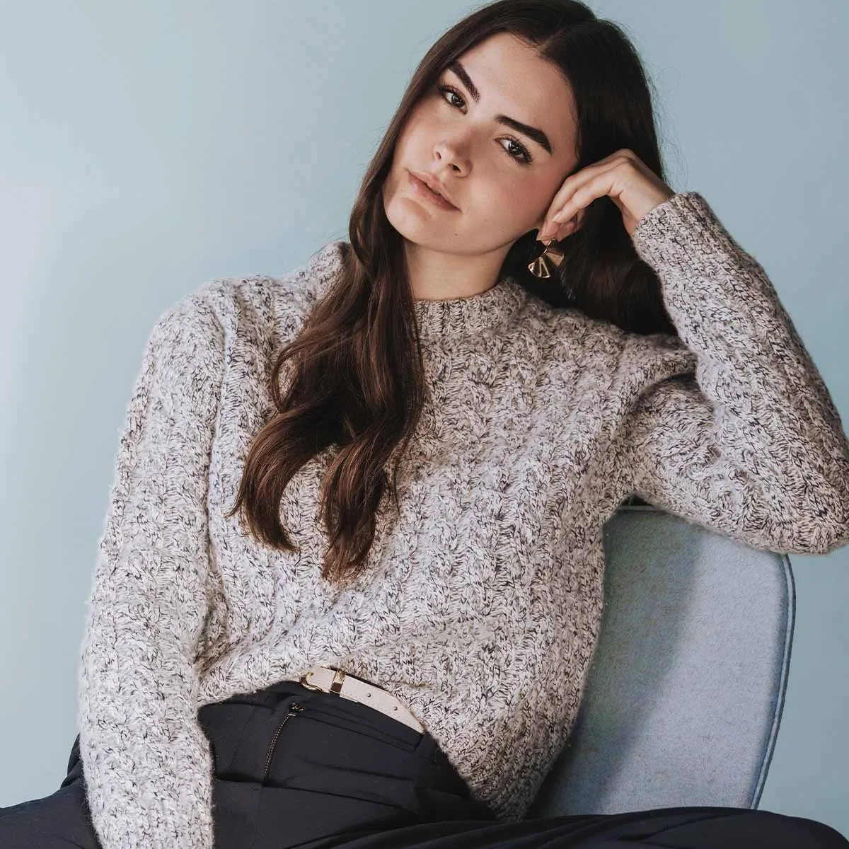 The Highlands Cable Knit Marine Melange sold by Poppy Barley