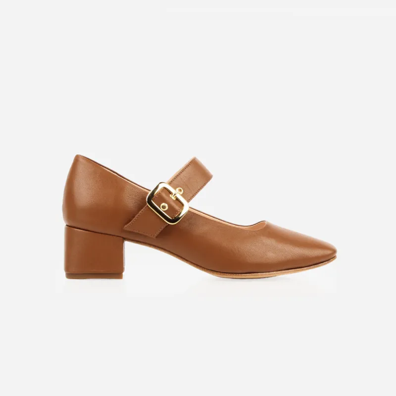 The Buckle-Up Mary Jane Caramel sold by Poppy Barley