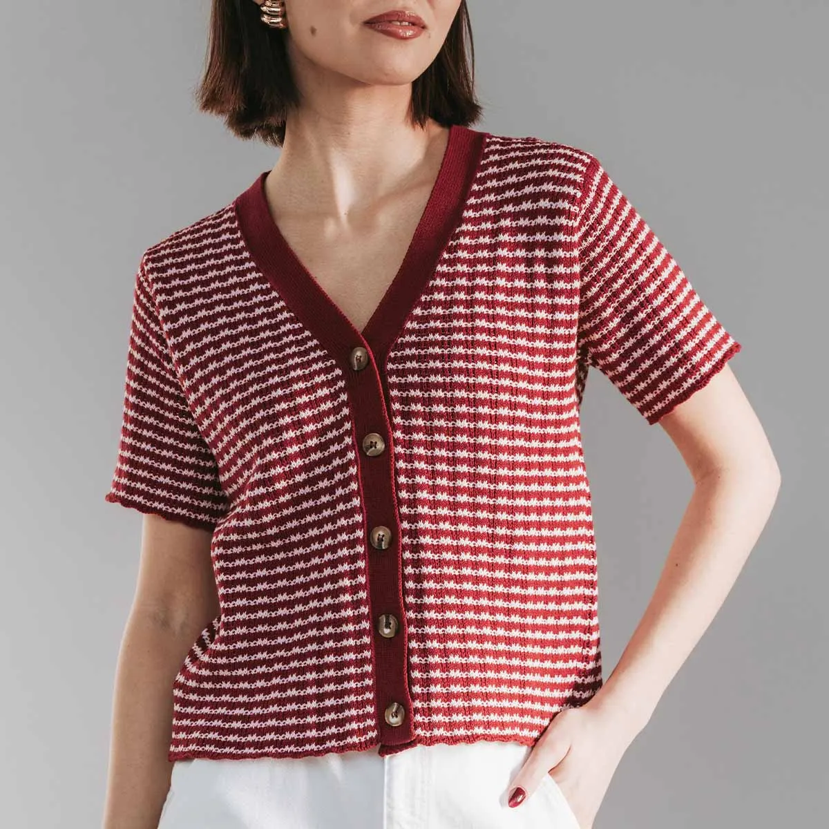 The Beach House Cardigan Cherry Stripe sold by Poppy Barley