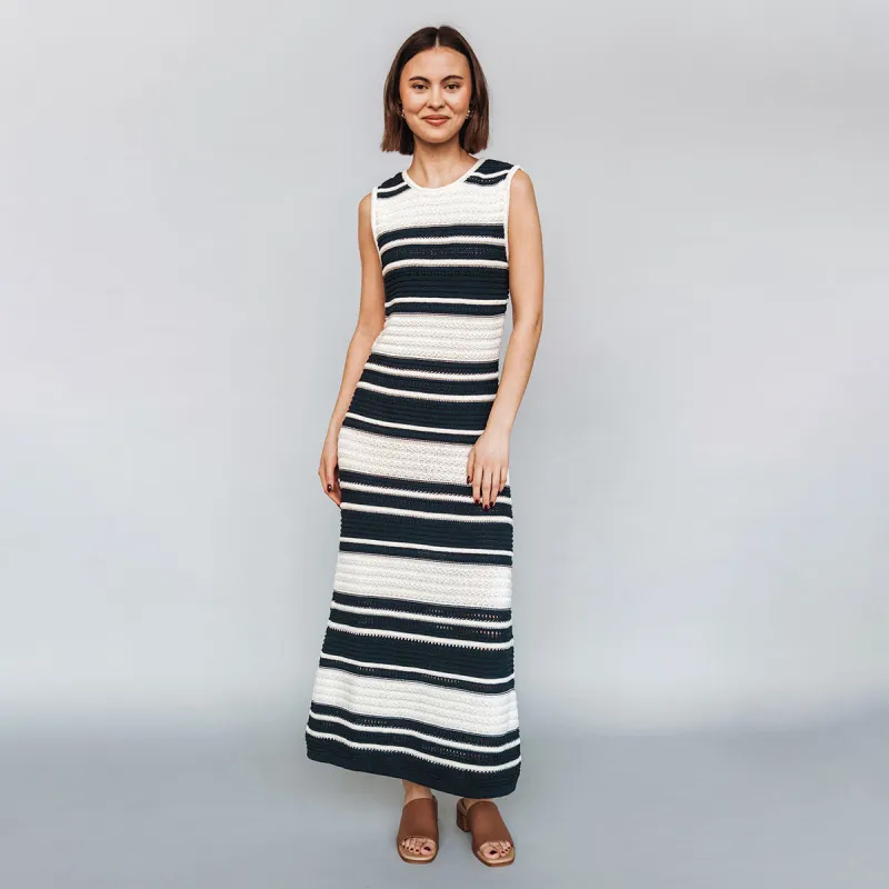 The Sunset Dress Navy Stripe sold by Poppy Barley