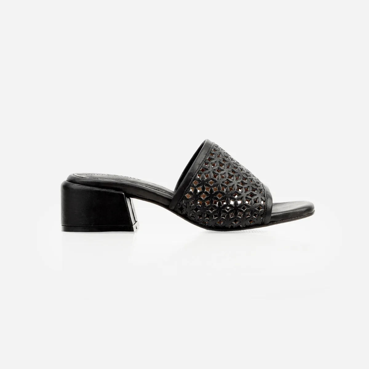 The Paloma Heeled Sandal Perforated Black sold by Poppy Barley