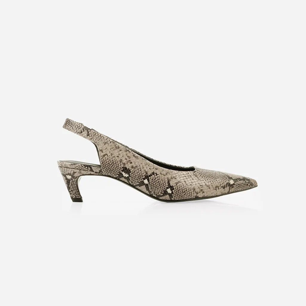 The Claire Slingback Taupe Snake sold by Poppy Barley