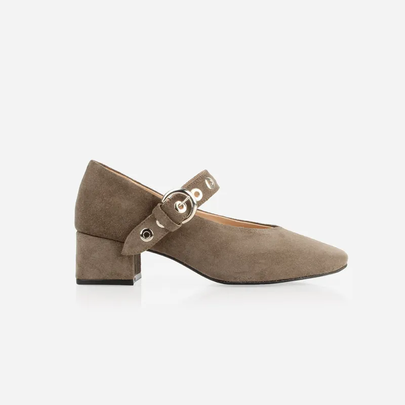 The BLVD Heeled Mary Jane Truffle Suede sold by Poppy Barley