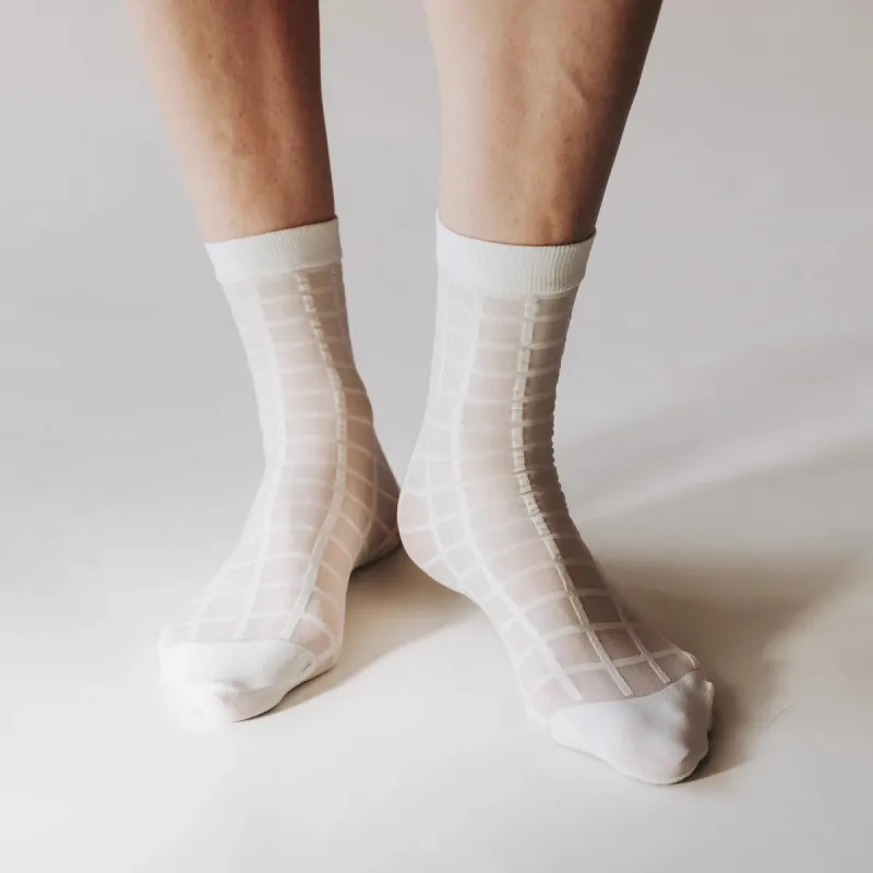 Rachel Checkered Sheer Socks in Creamy White made by Poppy Barley