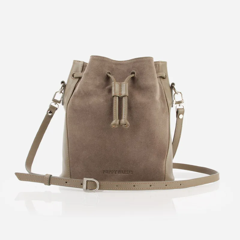 The Bondi Bucket Bag Truffle Suede sold by Poppy Barley