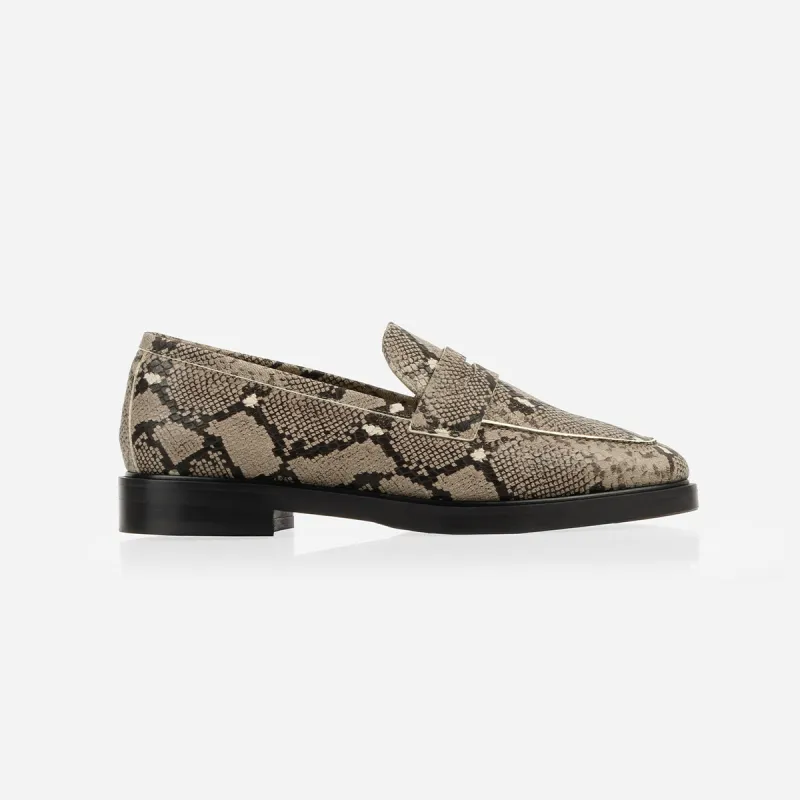 The Milan Loafer Taupe Snake sold by Poppy Barley