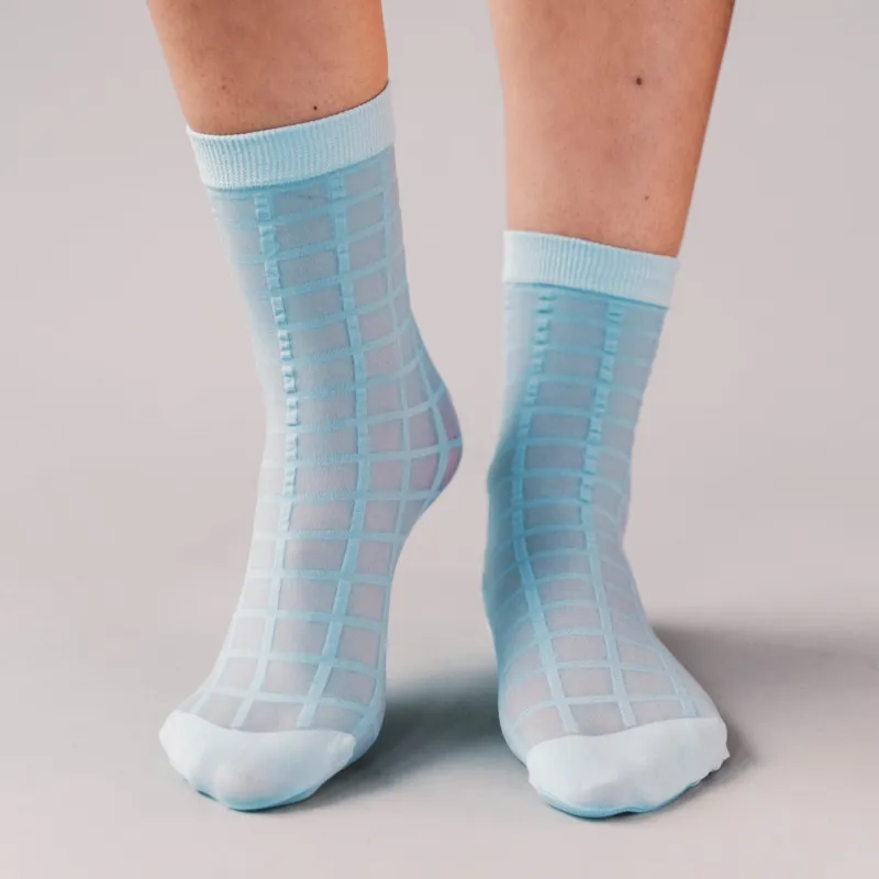 Rachel Checkered Sheer Socks in Sky Blue made by Poppy Barley