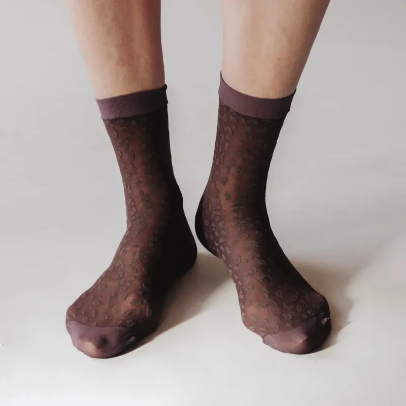 Rachel Mini Leopard Sheer Socks in Plum made by Poppy Barley