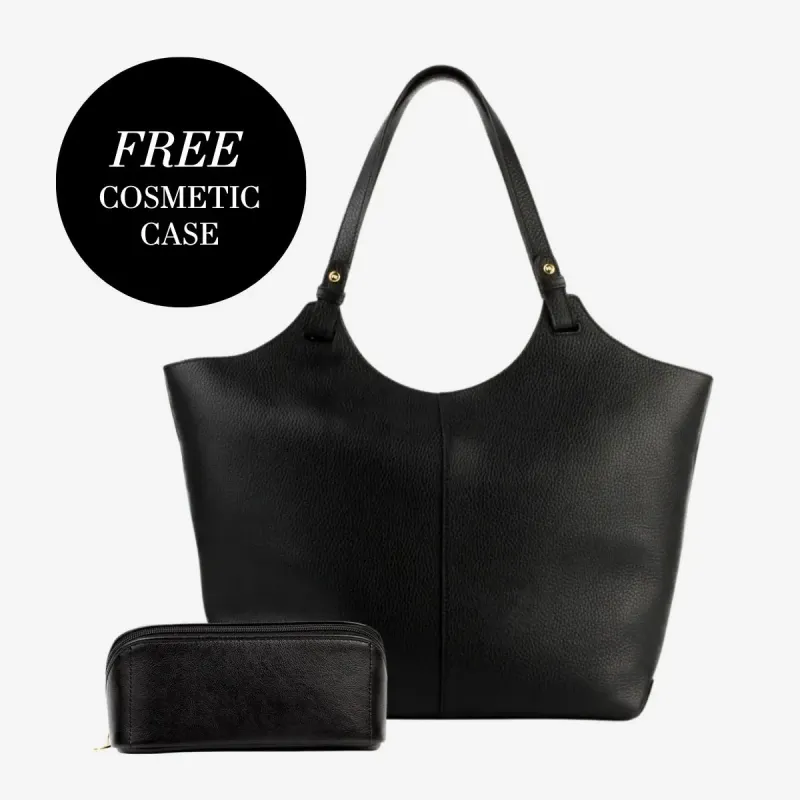 The Lisboa Tote + Small Cosmetic Case Set Black made by Poppy Barley