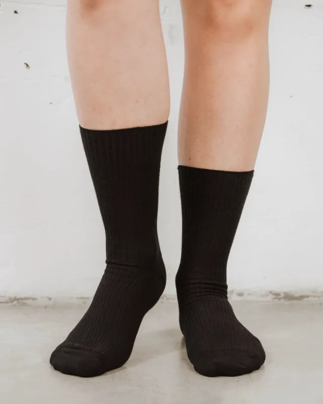 The Ribbed Crew Sock Black made by Poppy Barley