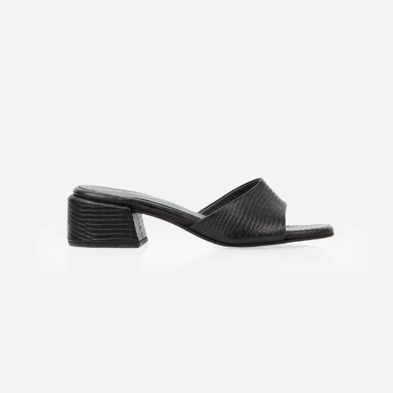The Charlotte Heeled Sandal Black Lizard sold by Poppy Barley