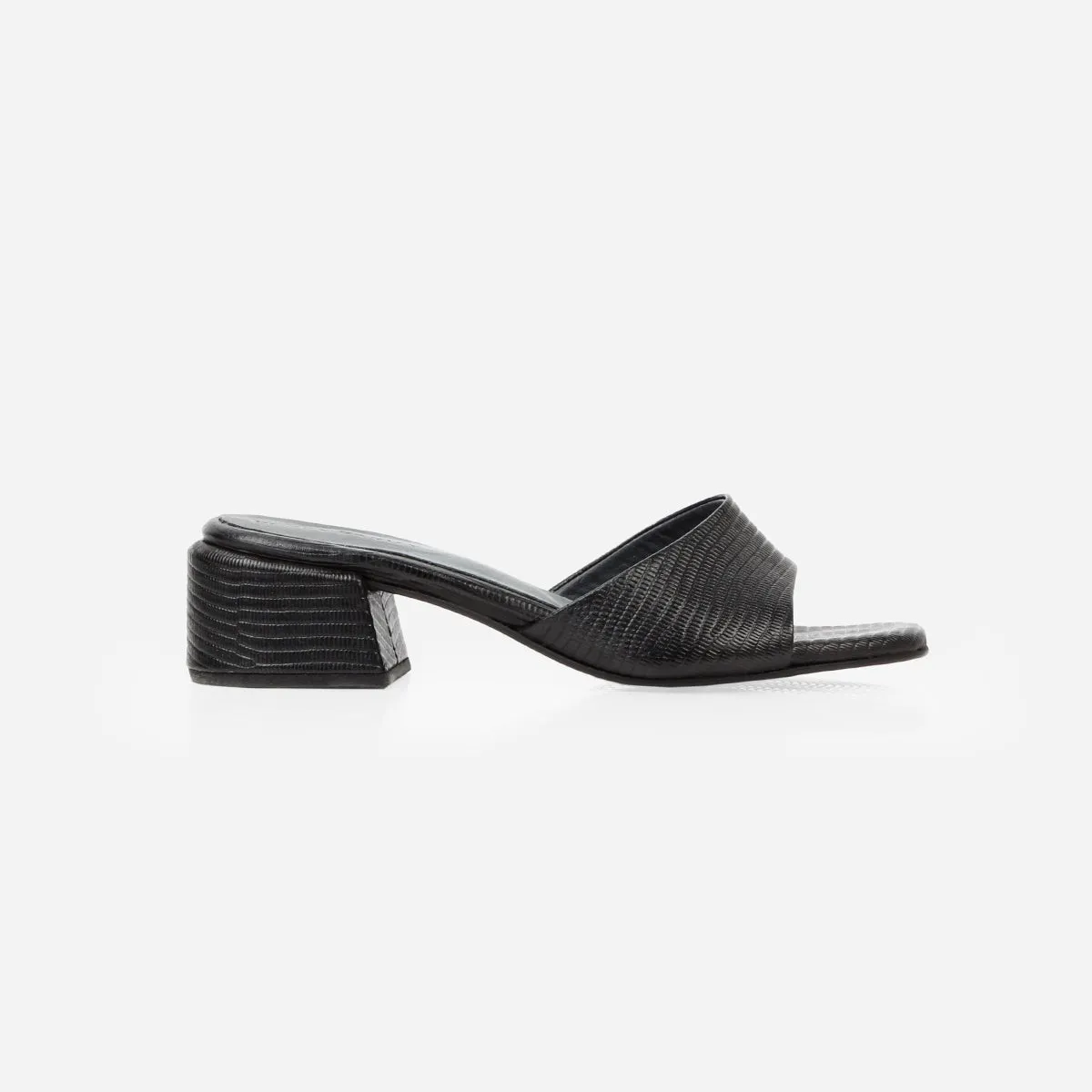 The Charlotte Heeled Sandal Black Lizard sold by Poppy Barley