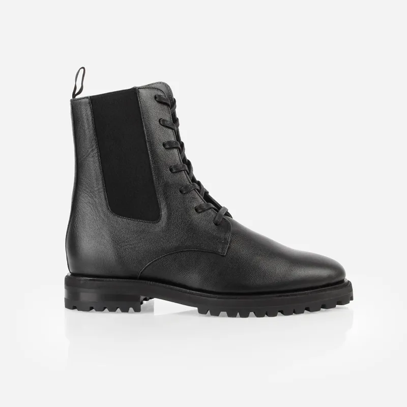 The Kit Combat Boot Black Micro Pebble sold by Poppy Barley