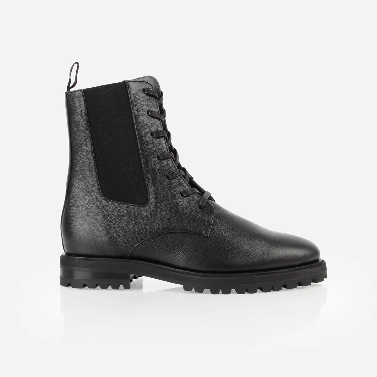 The Kit Combat Boot Black Micro Pebble sold by Poppy Barley