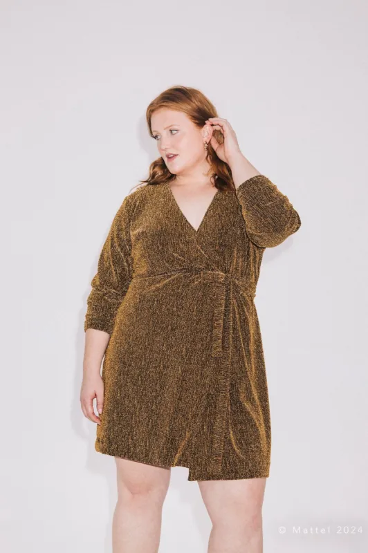 Barbie® Gold Shimmer Wrap Dress made by Hilary Macmillan