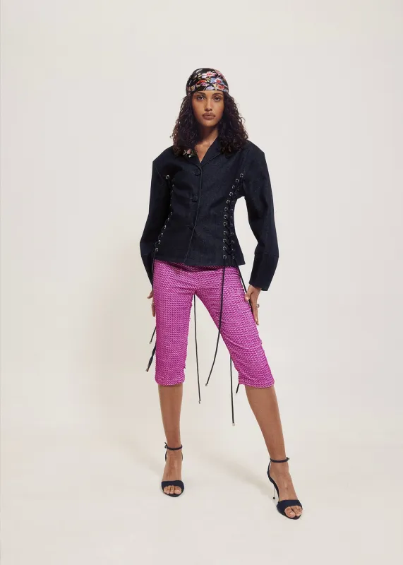 Lace Up Exaggerated Sleeve Denim Jacket made by Hilary Macmillan