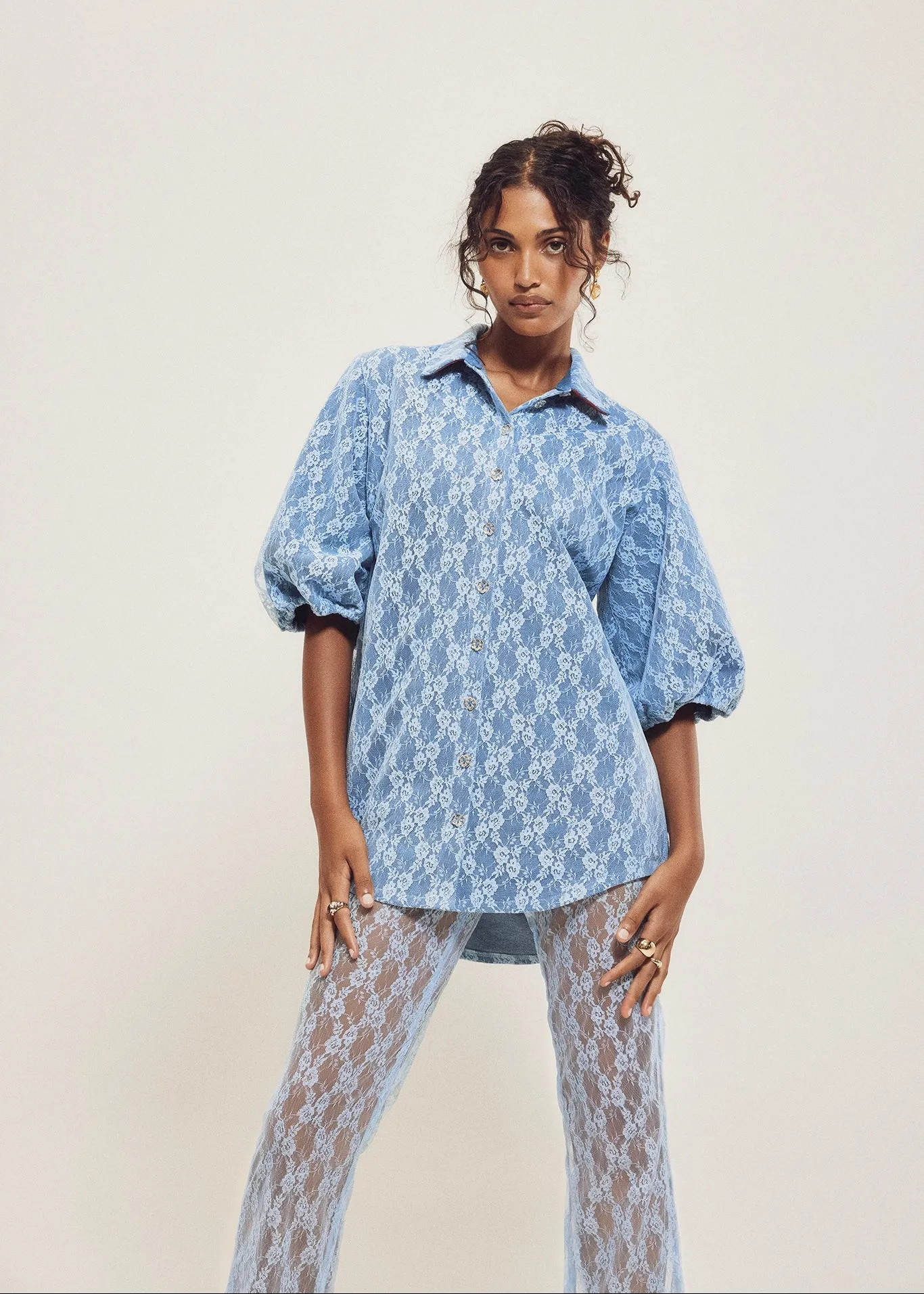 Denim Lace Puff Sleeve Blouse sold by Hilary Macmillan