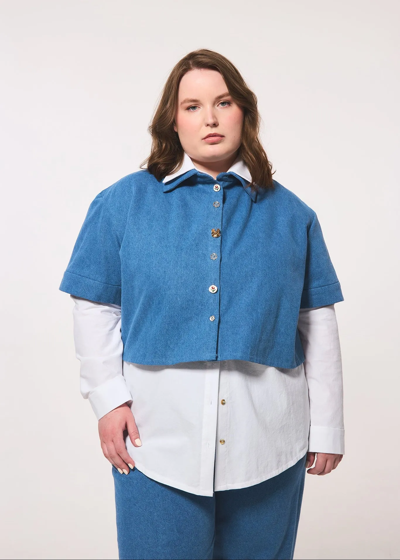 Denim Crop Short Sleeve Blouse sold by Hilary Macmillan