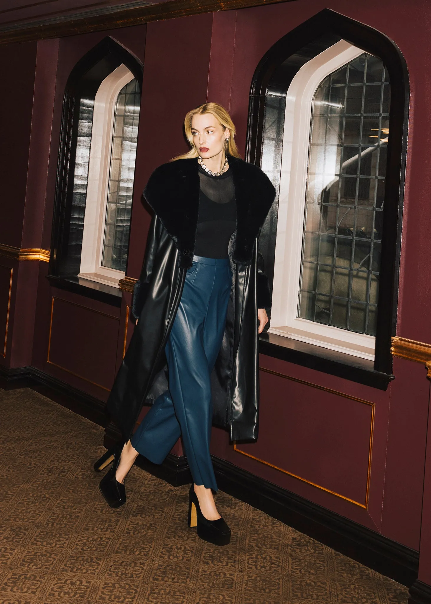 Black 'Leather' & Faux Fur Wrap Coat sold by Hilary Macmillan product image thumbnail 4