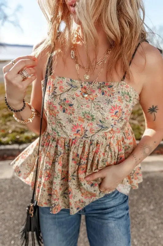 Floral Spaghetti Strap Peplum Cami sold by The Barefoot Brunette Boutique
