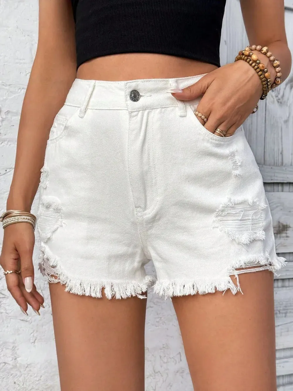 Distressed Raw Hem High Rise Denim Shorts sold by The Barefoot Brunette Boutique