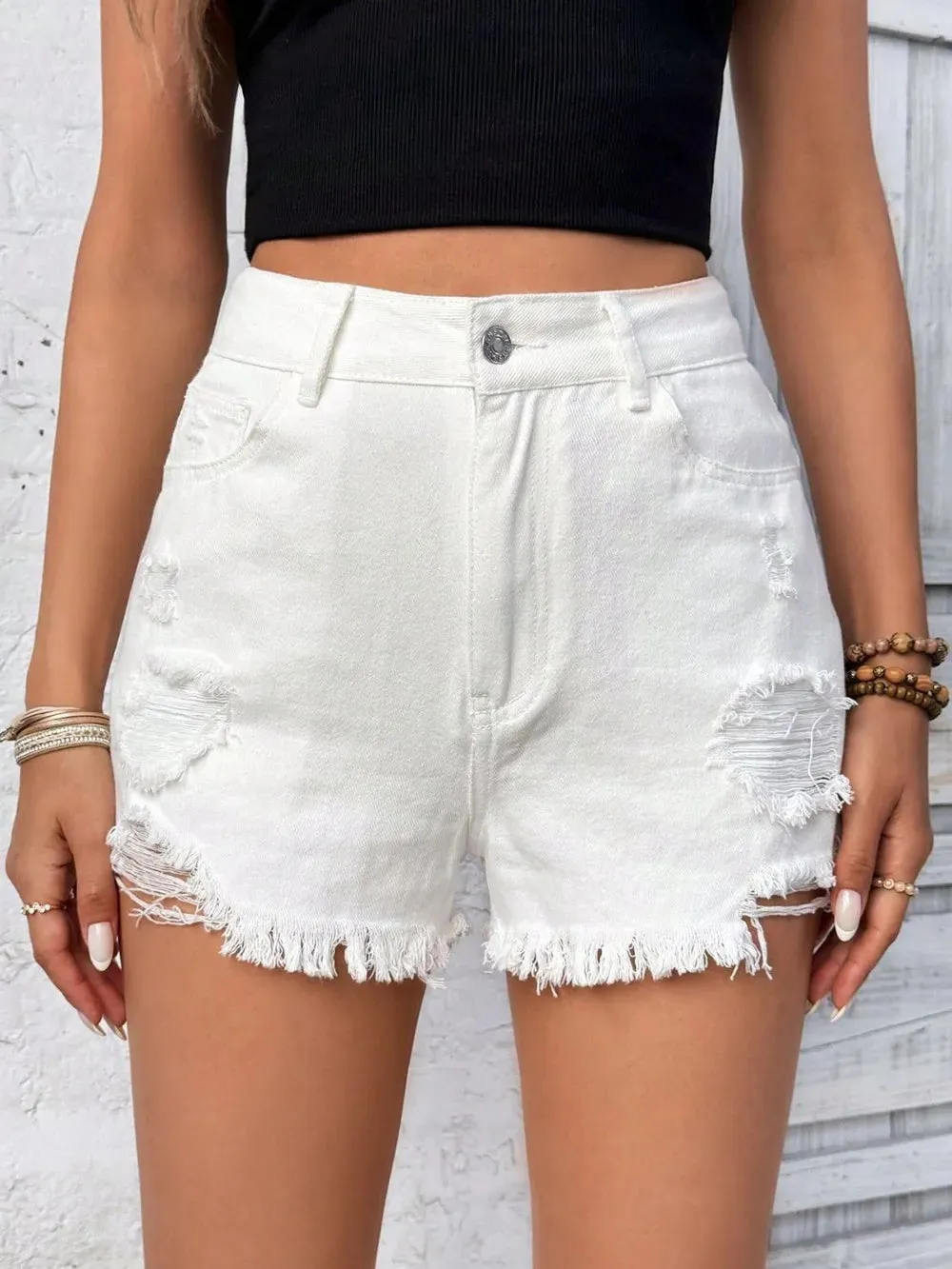 Distressed Raw Hem High Rise Denim Shorts sold by The Barefoot Brunette Boutique product image thumbnail 5