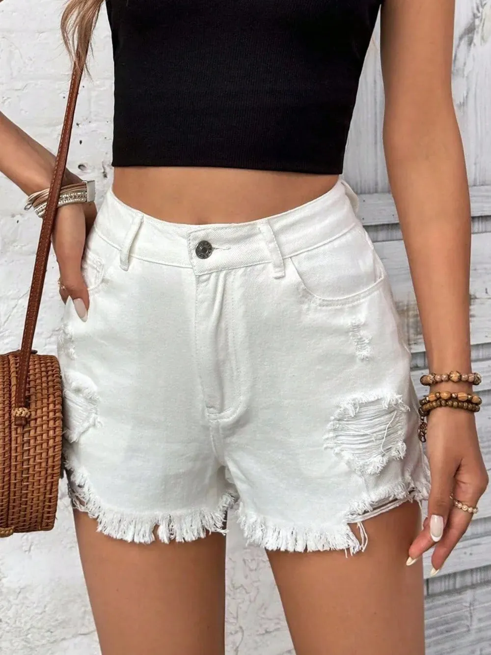 Distressed Raw Hem High Rise Denim Shorts sold by The Barefoot Brunette Boutique product image thumbnail 3