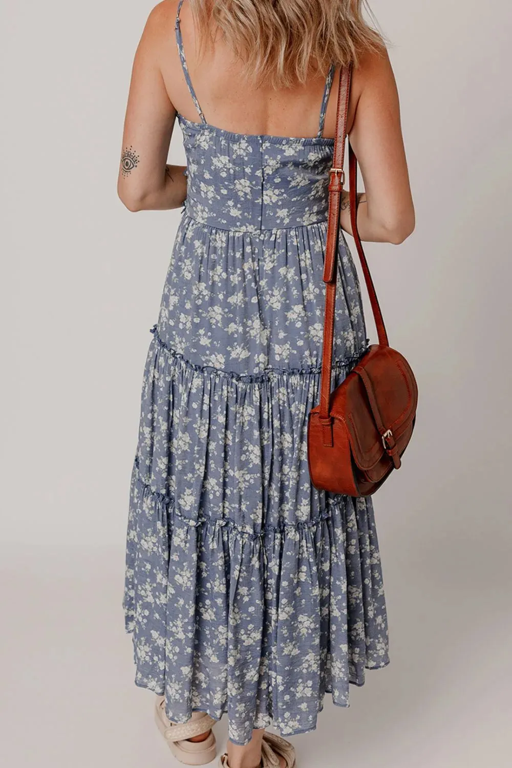 Floral Spaghetti Strap Frilled V Neck Tiered Midi Dress sold by The Barefoot Brunette Boutique product image thumbnail 2
