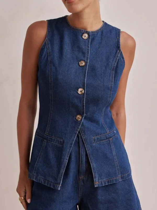 Button Down Denim Vest sold by The Barefoot Brunette Boutique