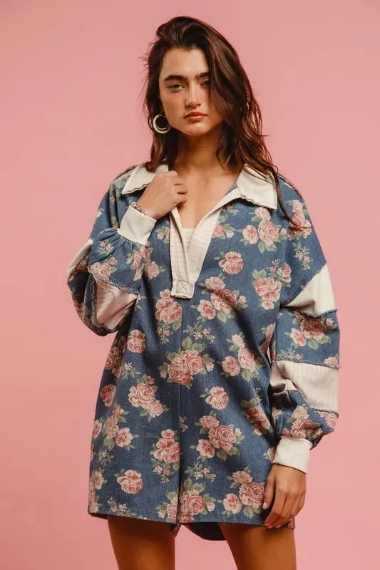 BiBi Washed Floral Denim Romper With Contrast Collar sold by The Barefoot Brunette Boutique product image thumbnail 5