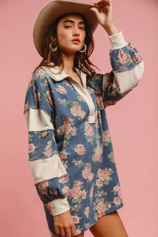 BiBi Washed Floral Denim Romper With Contrast Collar sold by The Barefoot Brunette Boutique product image thumbnail 3